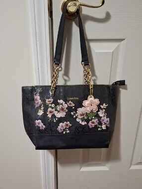 Calvin Klein Black Floral Tote with Gold Chain Accent Strap and 3D Flower Charm